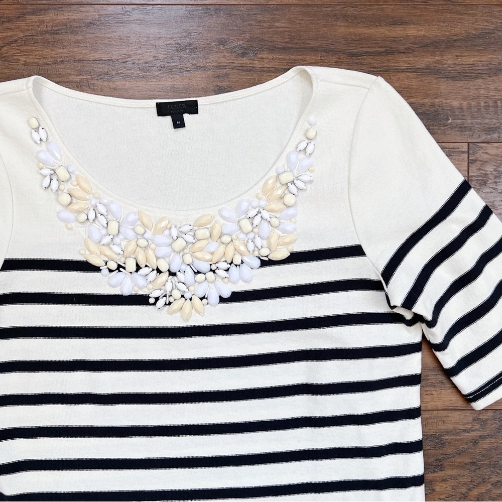 J Crew Collection • Jeweled Neck Stripe Top pullover tee navy cream Mariner - Picture 4 of 10
